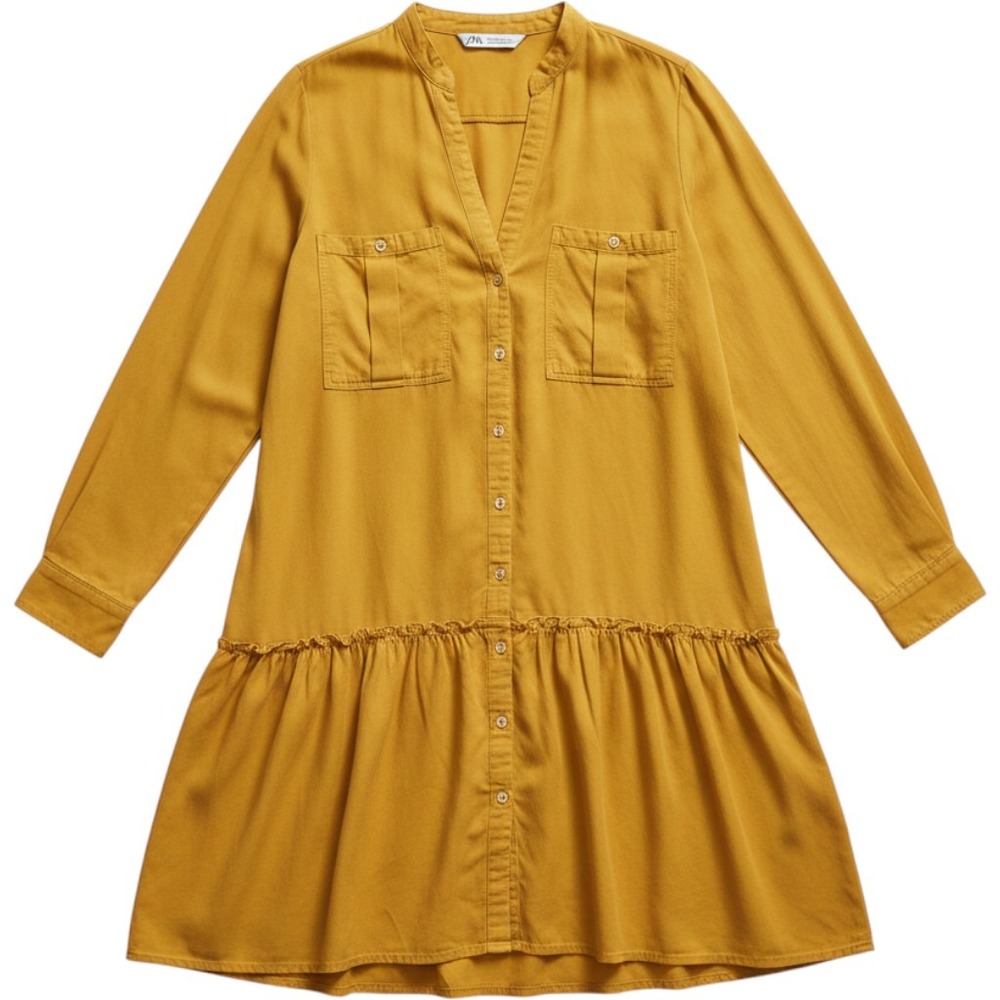 Zara Mustard Yellow Button Down Mini Dress Tiered Ruffle Long Sleeve Womens M - Picture 1 of 9